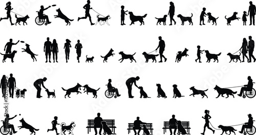 People with dogs silhouettes set showing walking playing training companionship family activities isolated on white background pet lifestyle illustration concept collection vector