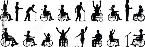 People with disabilities silhouettes set showing wheelchair users walking with cane speaking presenting inclusive lifestyle activities isolated black vector illustration concept