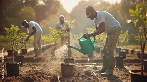 Gardeners Watering Young Trees in Orchard