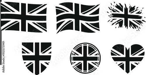 Black and white union jack flag icons in various shapes