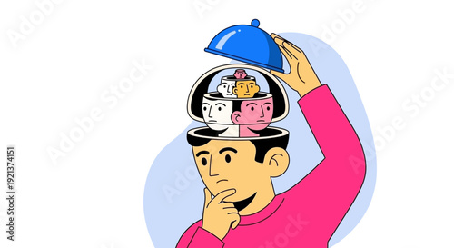 Person contemplating multiple personalities inside their opened mind, concept illustration