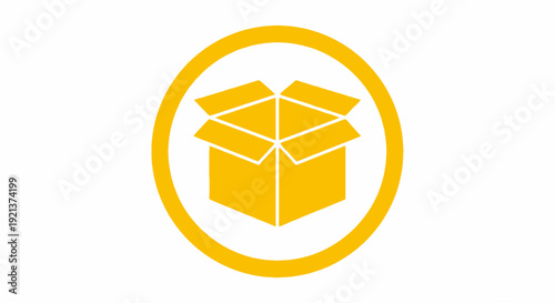 Open Box Icon in Yellow Circle, Symbolizing Packaging, Delivery, Shipping, and Logistics