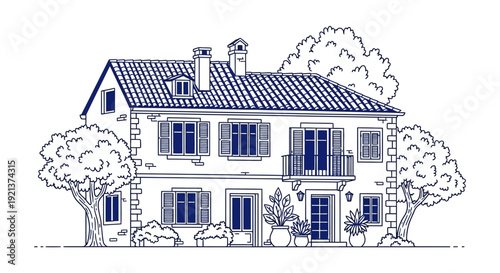 Charming Blue and White Mediterranean House with Trees and Plants Art