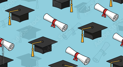 Graduation Caps and Scrolls Seamless Pattern: Education, Achievement, and Success Concept