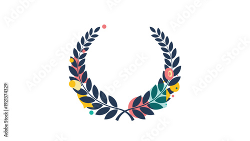 Dark blue laurel wreath silhouette decorated with vibrant colorful geometric shapes and circles for a festive or celebratory award design.