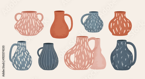 Bohemian Ceramic Vases with Abstract Patterns, Hand-Drawn Style
