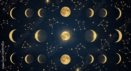 Enchanting celestial illustration displaying magical moon phases and golden star constellations sparkling across a mystical dark blue night sky, ideal for astrological and cosmic themes.