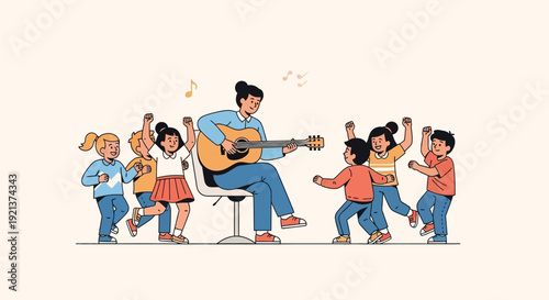 Teacher Playing Guitar for Dancing Children in Music Class Vector Illustration