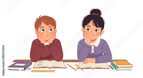 Bored Boy and Happy Girl Studying Together at a Desk with Books and Supplies