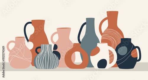 Abstract Ceramic Vases Collection Vector Art in Earthy Tones