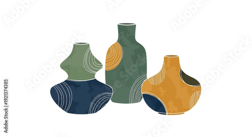 Abstract Ceramic Vases Trio Vector Illustration with Textured Patterns