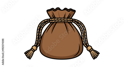 Simple Brown Drawstring Pouch with Tassels, Vector Illustration for Storage and Gifts