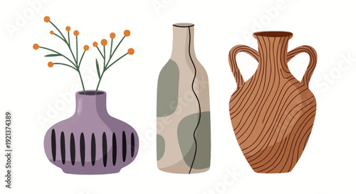 Abstract Ceramic Vases with Botanical Arrangement: Decorative Home Decor Elements