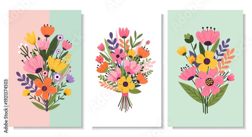 Set of Three Colorful Vertical Flower Arrangements on Light Backgrounds
