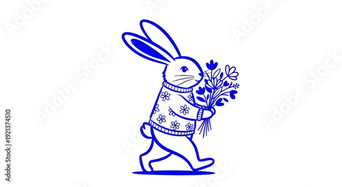 Cute Blue Rabbit in a Floral Sweater Carrying a Bouquet of Flowers, Walking Happily