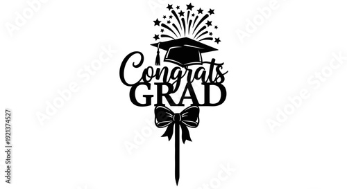 Graduation Cap with "Congrats Grad" Text and Fireworks - Black Silhouette