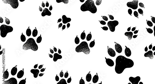 Seamless Pattern of Black Dog Paw Prints on White Background, Cute Animal Footsteps