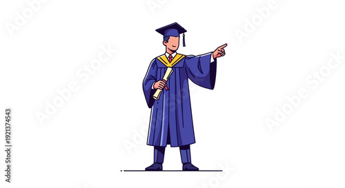 Graduation Ceremony: Graduate in Cap and Gown Holding Diploma, Pointing Forward