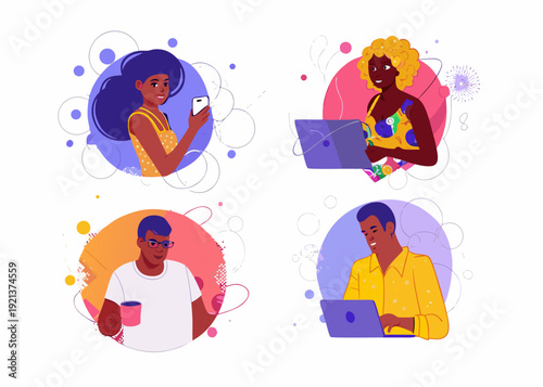 Diverse people connecting and working remotely with technology