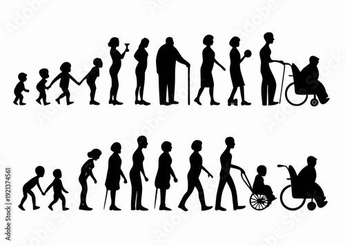 Silhouettes illustrating the human life cycle from infancy to elderly age
