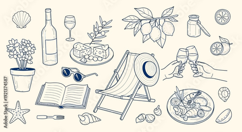 Charming Summer Picnic and Beach Vibes Vector Pattern with Blue Accents