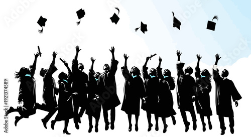 Graduation Celebration: Diverse Students Toss Caps in Joyful Silhouette Against a Bright Sky