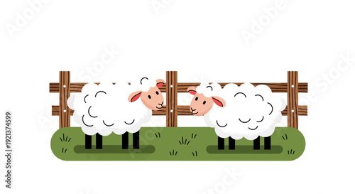 Cute Cartoon Sheep Standing in a Green Field Behind a Wooden Fence