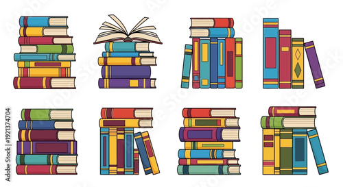 Collection of Stacked Books in Various Colors and Sizes for Education and Reading