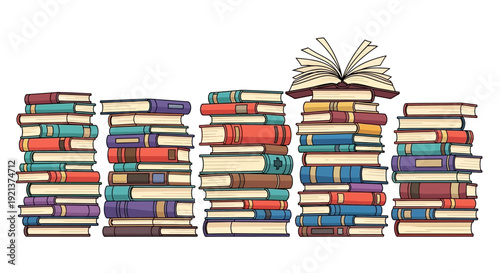 Stacks of Colorful Books and an Open Book on Top, Vector Illustration