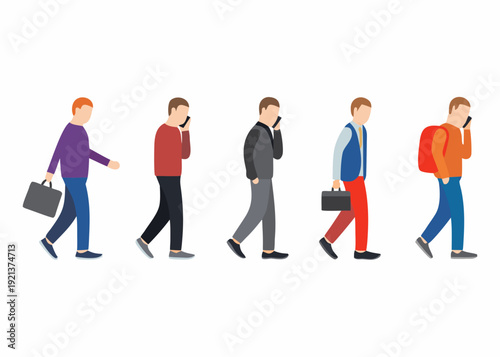 Five stylized figures walking each occupied with a mobile phone