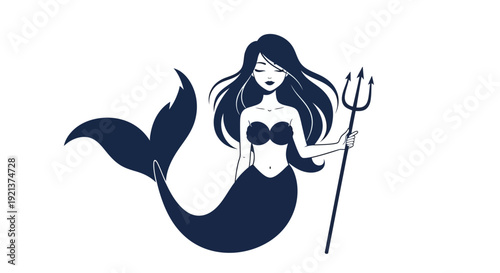 Mysterious Mermaid with Trident in Deep Blue, Vector Illustration of Mythical Sea Creature