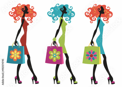 Three silhouetted women with colorful hair carrying shopping bags