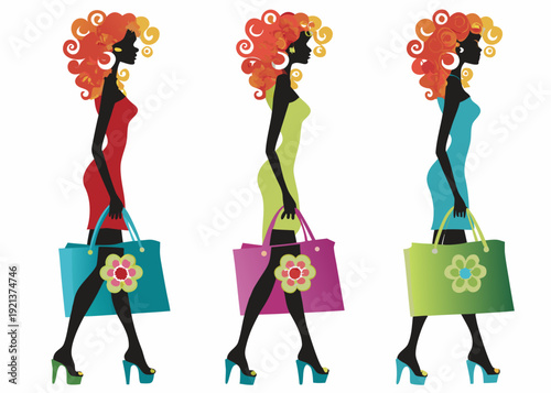 Three silhouetted women with colorful hairstyles and shopping bags