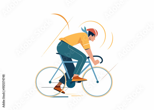 A stylized illustration depicts a cyclist in motion on a bicycle