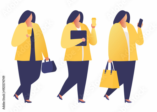 Three women walking each holding items and wearing yellow jackets