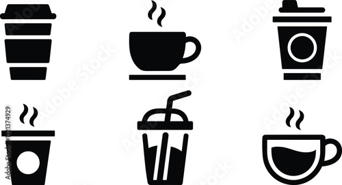 Collection of six simple black icons representing various beverages and coffee cups for graphic design