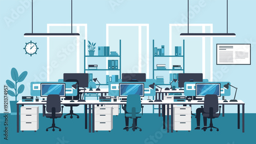 Clean and modern office interior with rows of computer workstations, desks, office chairs, shelves, and indoor plants in a teal color scheme.