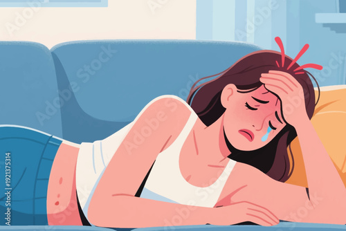 Person lying on blue couch with tearful face and hand on head, wearing white tank top and blue pants, cartoon illustration of discomfort with rash marks and indoor setting.