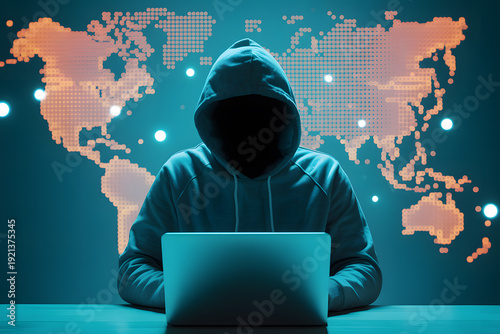 A hooded figure sits in front of a laptop with a world map in the background