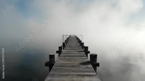 Wooden pier leads into fog-covered water, surrounded by mist, highlighting the peacefulness and natural beauty of the landscape with reflections on the surface