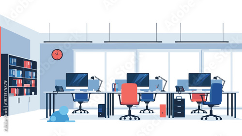 Bright and spacious open-plan office environment featuring several computer desks, colorful ergonomic chairs, and a cat on the floor.