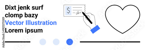 Hand signing check, large heart outline, blue accents, and minimalist shapes. Ideal for finance, love, charity, donation, simplicity creativity and clean designs simple landing page