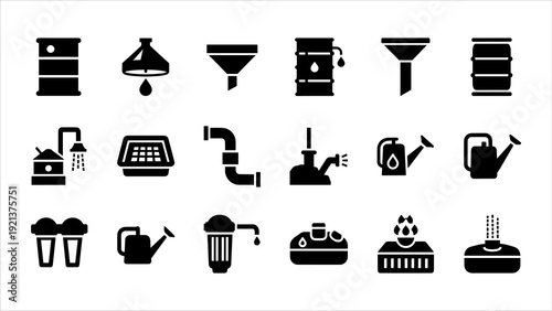 Collection of coffee-related icons including brewing, roasting, and grinding equipment displayed on a clean background from a straightforward viewpoint.