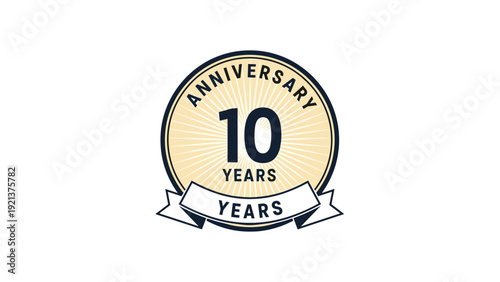 Festive 10th anniversary milestone logo featuring a sunburst circle, a ribbon banner, and elegant typography for commemorative events.