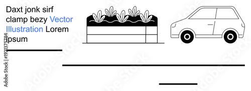 City design, transportation visuals, urban planning, environmental elements, infographic resources, and minimal design. A planter box, a parked car and text space. Urban planning and transportation