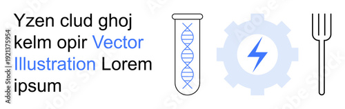 Science, innovation, research, technology, progress, culinary ideas. A test tube with DNA design, gear with lightning icon and a fork displayed. Science and innovation concepts
