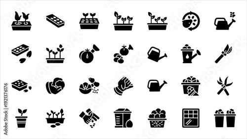 Collection of various gardening icons displayed in a grid pattern on a clean white background