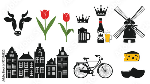 Illustration set featuring classic Dutch symbols like windmills, tulips, canal houses, clogs, cheese, a bicycle, and a cow's head.