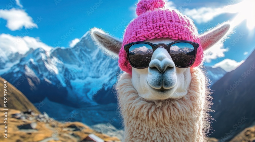 Obraz premium playful alpaca wearing a pink knit hat and sunglasses reflecting snowy mountain peaks with a confident, cool expression under a bright blue sky