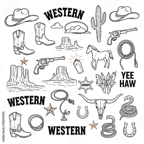 Western Frontier Line Art: Cowboy and Ranch Icon Set
